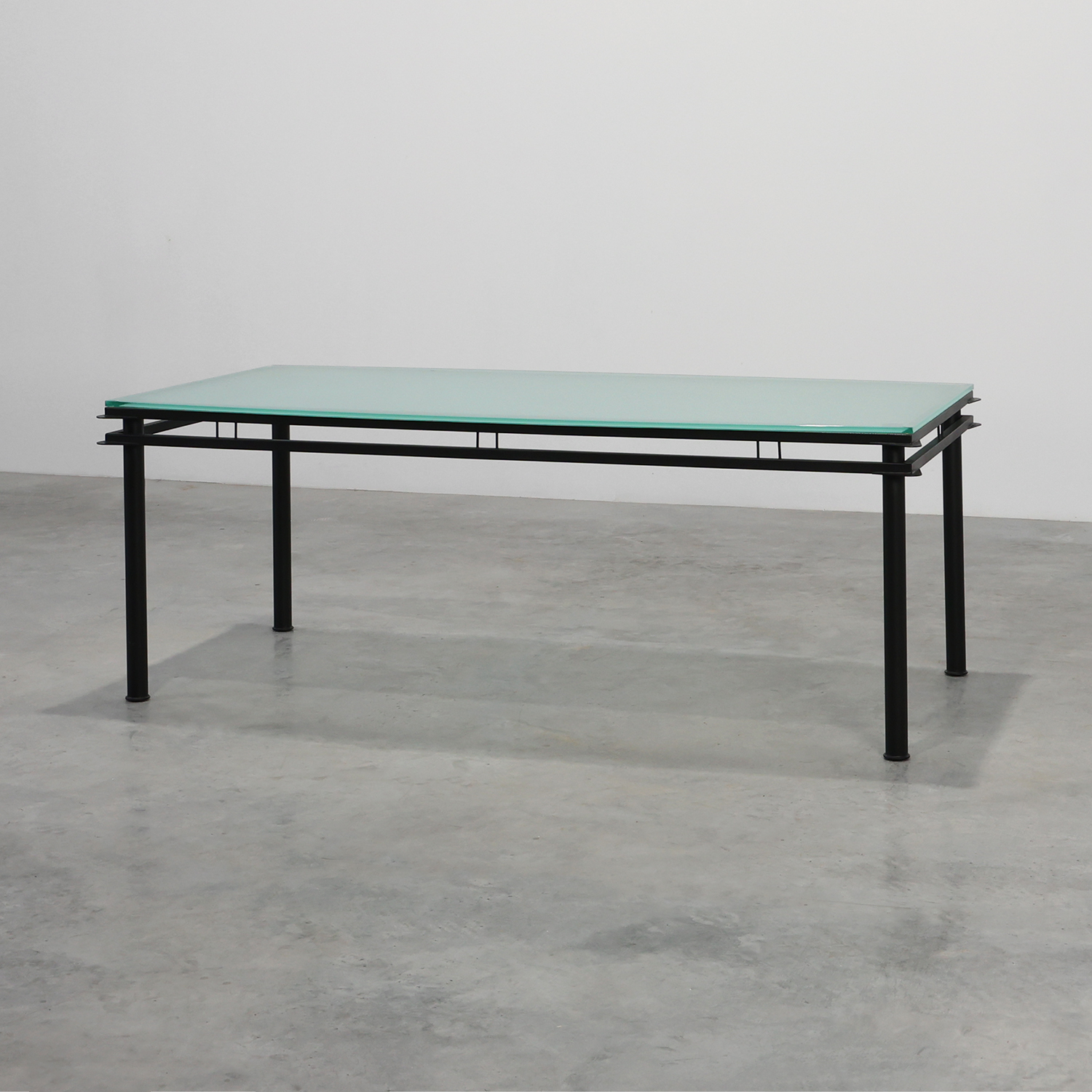 Modernist Dining Table with Black Metal Base and Glass Top, Belgium 1980s-img